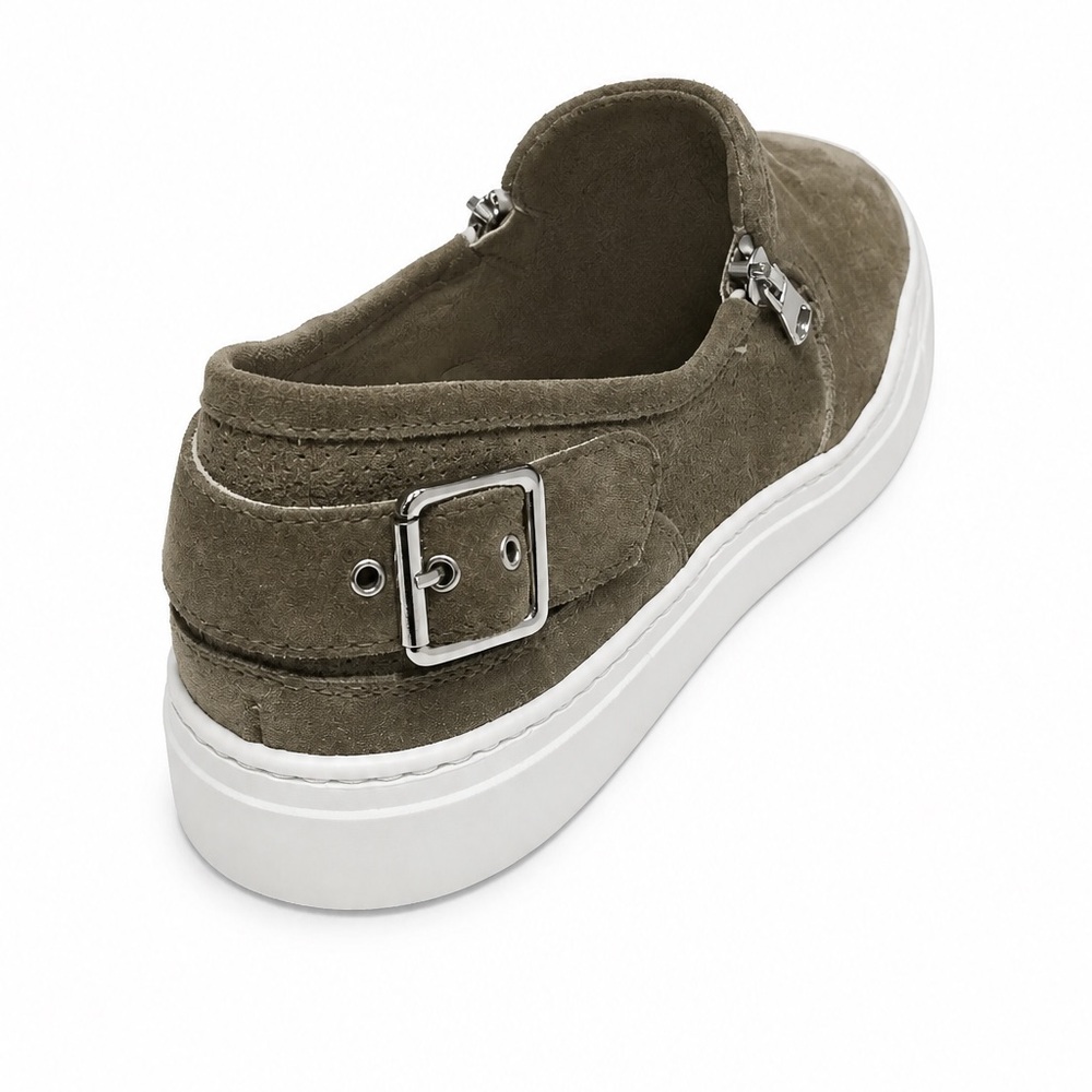 Doucal’s Men's Slip-On Soft Suede Loafers in Olive with Side Zippers - Picture 6 of 8